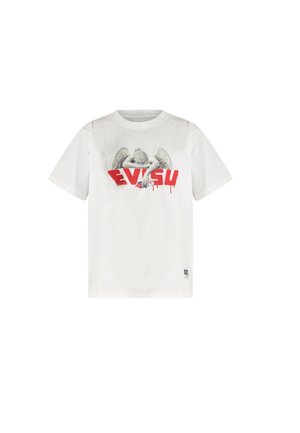 T-shirt bianca con una grafica di un angelo triste che posa la testa su un testo rosso che gocciola, con la scritta "EVISU" sul davanti.