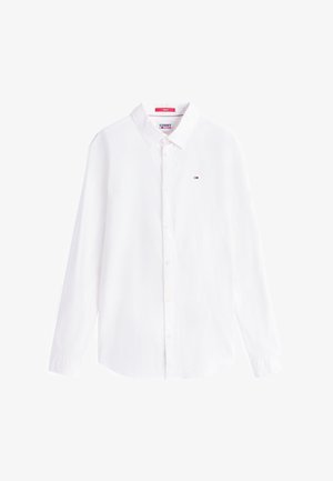Bela oprijeta srajca z dolgimi rokavi, zapenjana na gumbe, z ovratnikom in majhnim logotipom Tommy Jeans na levi strani prsnega koša.