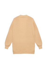 Oversized beżowy sweter z długim rękawem, ściągaczami i wysokim kołnierzem. Miękka tekstura, swobodny krój i minimalne detale.