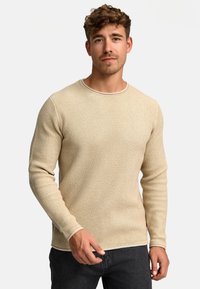 Pull beige à manches longues avec texture, doté d'un design côtelé et d'un col rond. Remarquez la bordure contrastante subtile le long du col et des poignets.