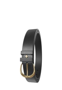 Black leather belt with a smooth texture, gold-tone metal buckle, and a minimalist design featuring two decorative bands and a single stud.