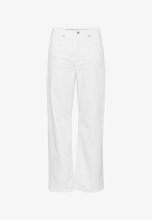 Baltas džinsu bikses ar plašu kāju piegriezumu, kurām ir pogu aizdare un priekšējās kabatas. Minimālistisks dizains, tīras līnijas un izturīga tekstūra.