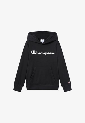 Czarna bluza z kapturem z białym logo "Champion", przednia kieszeń typu kangurka, ściągacze na mankietach i dole, wykonana z miękkiej tkaniny.