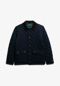 Chaqueta de pirata acolchada en color marino, con un cuello de pana marrón, dos bolsillos delanteros con botones de presión dorados y un patrón cuadrado en toda la superficie.