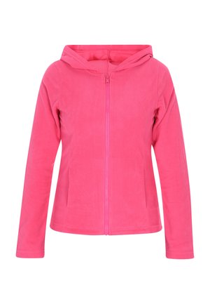 Giacca a zip in pile rosa con cappuccio, maniche lunghe e due tasche frontali; texture liscia e design leggero.