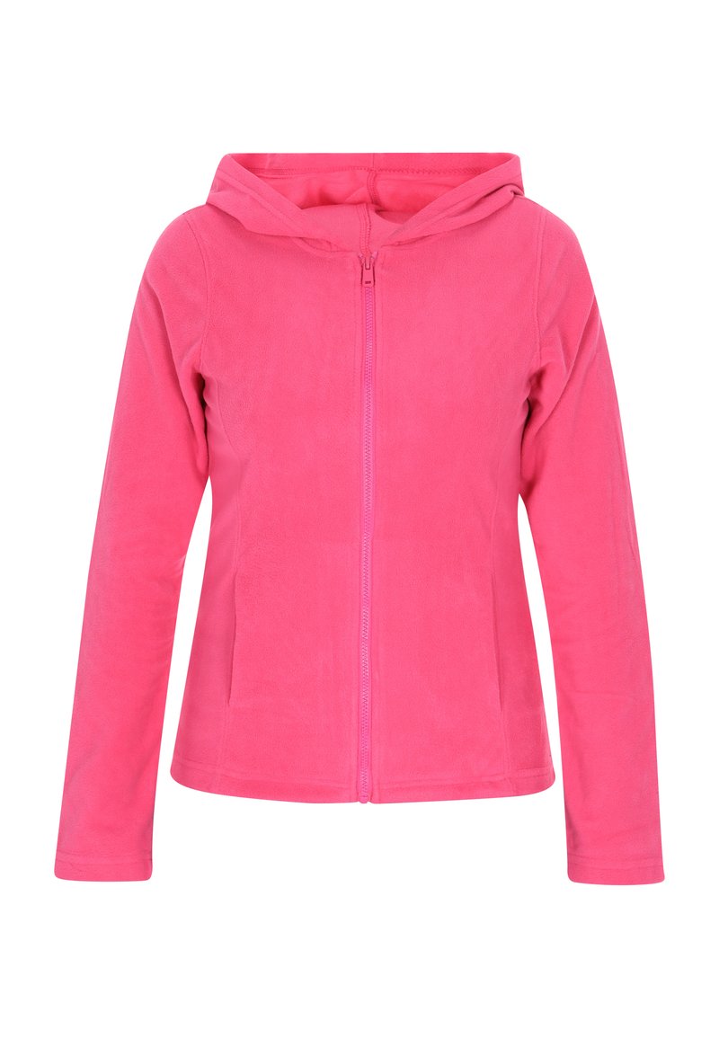Giacca a zip in pile rosa con cappuccio, maniche lunghe e due tasche frontali; texture liscia e design leggero.