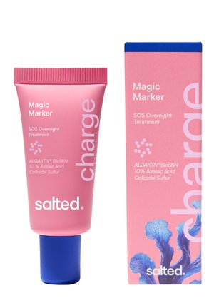 Pink tube and box of Salted Magic Marker SOS Overnight Treatment with 10% azelaic acid and colloidal sulfur, blue cap and coral design on box.