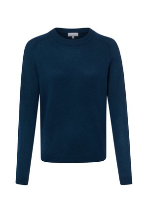 Granatowy sweter z okrągłym dekoltem, długimi rękawami, ściągaczami na rękawach i na dole.