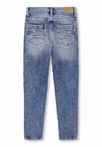 Smala blå denimjeans med en blekt finish, som har två bakfickor, bälteshål och en beige läderlapp vid midjan.