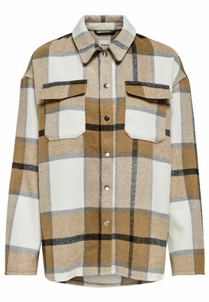 Brun og hvid ternet skortejakke lavet af blødt stof, med to brystlommer, trykknapper, krave og lange ærmer.