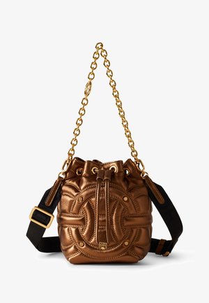 Bronze metallic bucket bag with quilted design, drawstring closure, and a gold chain strap. Features gold hardware accents and a black fabric strap.