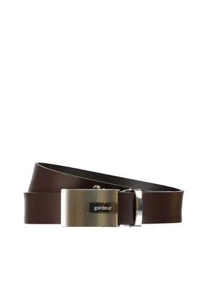 Brown leather belt with a smooth texture, featuring a silver metallic buckle and a black brand label embedded on the buckle.