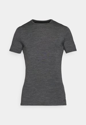 T-shirt a maniche corte grigio scuro, realizzato in un tessuto leggero con una texture liscia e un classico scollo rotondo. Senza motivi visibili.