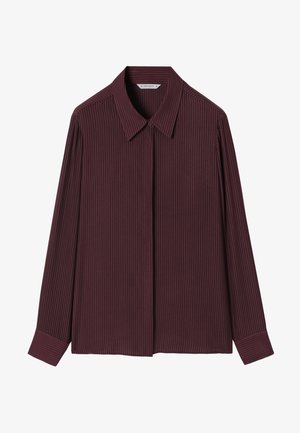 Burgundská dlhá košeľa s vertikálnymi pruhmi, so zapínacím golierom a širokými manžetami. Vyrobená z hladkej látky s uvoľneným strihom.