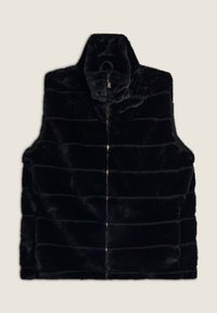 Musta keinoturkis ilmanhiha-vesti, jossa on korkea kaulus, edessä vetoketju ja vaakasuuntainen ommelkuvio koko erityssi. Pehmeä rakenne.