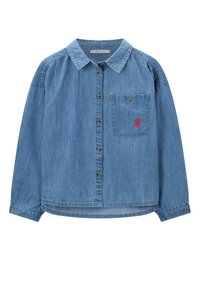 Denim button-up shirt in light blue, featuring a chest pocket with red embroidered rose, rounded hem, and long sleeves with buttoned cuffs.