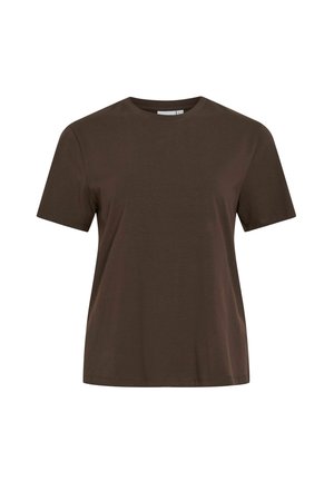 T-shirt en coton brun à manches courtes, col rond et coupe décontractée. Pas de motifs ni d'accents visibles. Texture lisse.