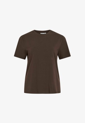 T-shirt en coton brun à manches courtes, col rond et coupe décontractée. Pas de motifs ni d'accents visibles. Texture lisse.