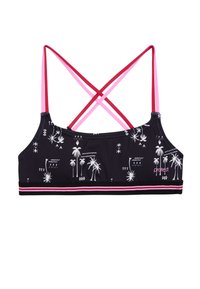 Zwarte bikini top met witte palmbomen en geometrische patronen, voorzien van roze en rode gekruiste banden en een strip in roze en zwart aan de onderzijde.