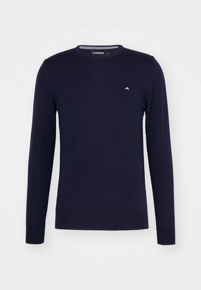 Marineblauer Strickpullover mit langen Ärmeln, Rundhalsausschnitt, gerippten Bündchen und Saum, mit einem kleinen weißen Logo auf der Brust.