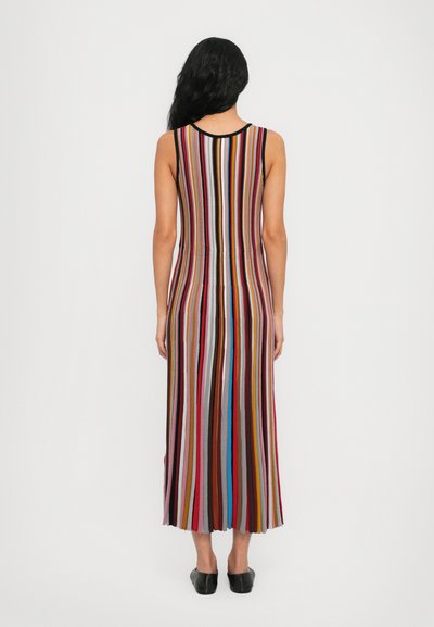 Maxi dress featuring multicolored vertical stripes, sleeveless design, soft knit fabric, and a rounded neckline. Ends below the calf.