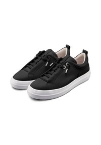 Schwarze Sneakers mit einem glatten synthetischen Obermaterial, elastischen Schnürsenkeln und einer weißen Gummisohle. Verfügt über ein minimalistisches Design mit dezenten Akzenten.
