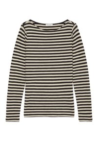 Maglietta a maniche lunghe con strisce orizzontali nere e crema, scollo ampio e tessuto di cotone morbido e testurizzato.