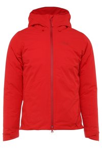 Veste isolante rouge avec capuche, fermeture éclair intégrale à l'avant, sangles ajustables aux poignets, et logo discret sur la poitrine.