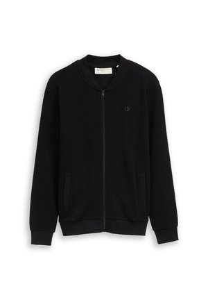 Sort tekstureret lynlåstrøje med ribstrikket krave, manchetter og kant, med to forlommer og et lille logo på brystet.