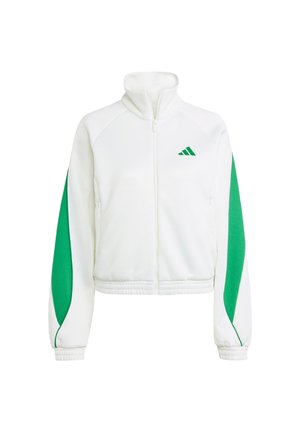 Vit zip-up jacka med gröna accentpaneler på ärmarna. Har en hög krage och ribbad nederkant. Pryds av en liten grön logotyp.