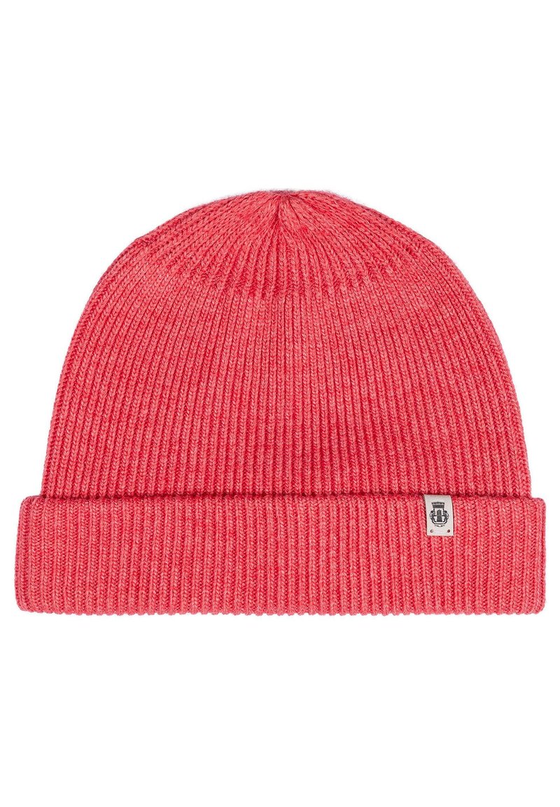 Knit beanie in bright coral with a ribbed texture and a folded cuff. Features a small, branded tag on the side.