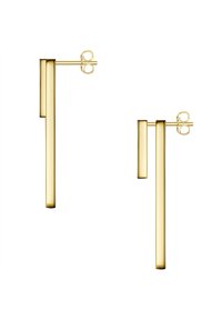 Aranyszínű csepp fülbevalók, amelyek két eltérő hosszúságú, hosszúkás téglalap alakú pálcikából készültek, fényes felülettel és biztos rögzítő hátlappal.