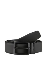 Zwarte leren riem met een gladde afwerking, voorzien van een rechthoekige metalen gesp en een ronde punt. De riem is opgerold en gedeeltelijk losgemaakt.
