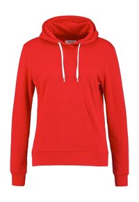 Czerwony hoodie wykonany z miękkiego materiału, z dużą kieszonką kangurzą, białymi sznurkami do regulacji oraz ściągaczami przy mankietach i u dołu. Gładka tekstura i klasyczny krój.
