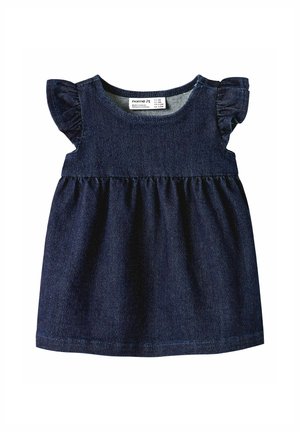 Robe bébé sans manches en jean bleu foncé avec détails froncés aux épaules et taille cintrée, taille 1-2 mois.