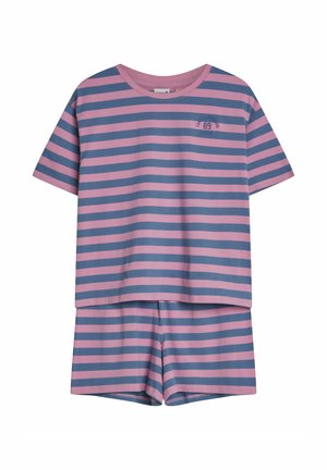 Zestaw z krótkim rękawem i szortami w paski w odcieniach różu i niebieskiego. Wykonany z miękkiego materiału, cechuje się luźnym krojem oraz dopasowanymi mankietami i dołem.