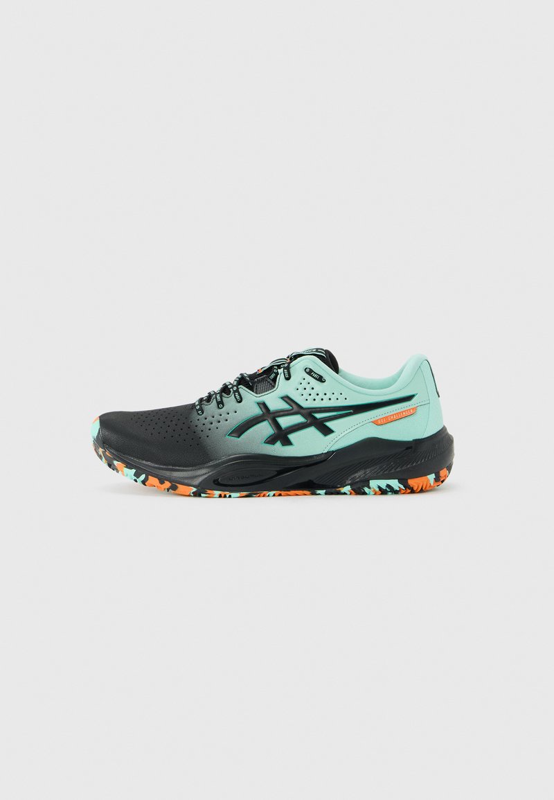 Black and turquoise running shoe with black logo, multicolor sole in orange, turquoise, and black, and lace-up closure.