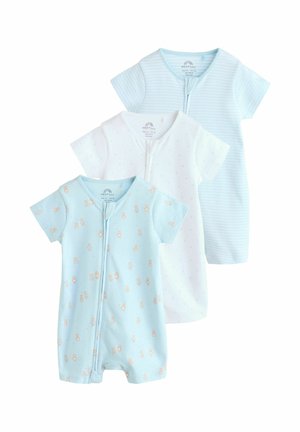 Trei salopete scurte pentru bebeluși, în albastru deschis cu ursuleți de pluș, alb cu puncte mici, și cu dungi albastre, fiecare având fermoare în față.