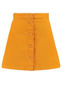 A-čková mini sukně v jasně žluté látce s předním zapínáním na šest knoflíků a bočními kapsami, hladká textura.