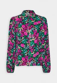 Langsleeve blouse met een donker bloemmotief met roze, blauwe en groene bloemen op een zwarte achtergrond; met kraag en knoopsluiting.