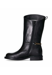 Schwarze Lederstiefelette mit runder Zehenpartie, seitlichem Reißverschluss und metallic Akzent. Glatte Textur und Blockabsatz in niedriger Höhe.