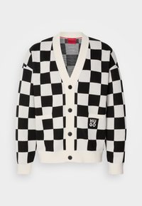 Καρδινοκαλσόν σε μαύρο και άσπρο καρό σχέδιο με V λαιμόκοψη, πεντακάθαρη κλείσιμο με κουμπιά και λογότυπο HUGO σε μια τσέπη. Ριμπ κου cuffs και περιφέρειας. Μαλακή πλεκτή υφή.