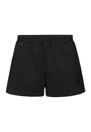 Schwarze Baumwollshorts mit einem elastischen Bund, ausgestattet mit Seitentaschen und einem kleinen Logo auf der unteren linken Seite. Glatte Textur und lässiges Design.