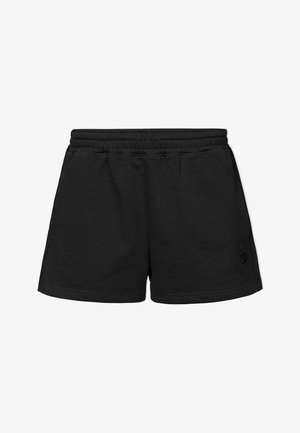 Pantaloni corti neri in cotone con vita elastica, dotati di tasche laterali e un piccolo logo sul lato sinistro in basso. Texture morbida e design casual.