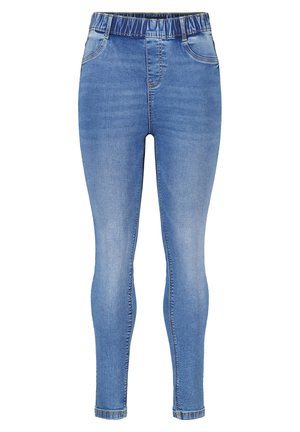 Leggings en denim bleu avec une taille haute élastique, des jambes fuselées et un design classique à cinq poches. Texture lisse avec un délavage ancien.