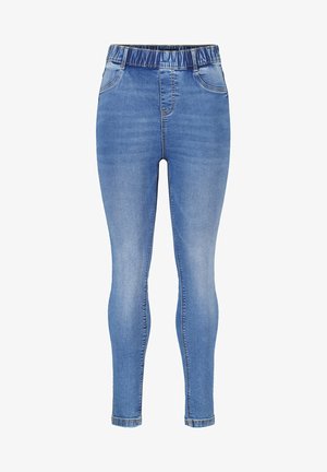 Blauwe denim leggings met een hoge elastische tailleband, taps toelopende pijpen en een klassieke vijf-pocketontwerp. Glad textuur met een vervaagde wassing.