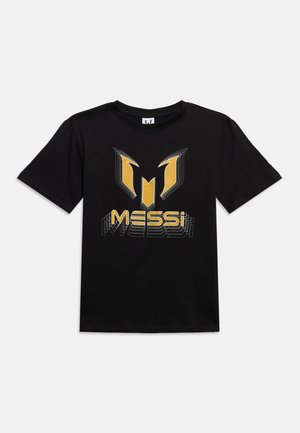 Black short-sleeve T-shirt with yellow and black stylized "M" logo above yellow "MESSI" text on the front center.