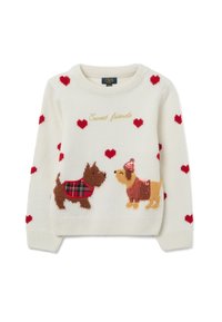 Weißer Strickpullover mit roten Herzmustern, bestickt mit "Sweet friends" und zwei Hunden in Pullis: einem braunen Hund und einem sandfarbenen Hund.