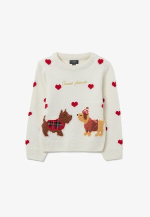 Maglione bianco a maglia con motivi a cuore rossi, ricamo "Amici dolci" e due cani in maglione: un cane marrone e un cane color sabbia.