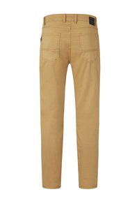 Khaki cotton pants with a slim fit, featuring a mid-rise waist, two rear pockets, and subtle stitching details on the back.